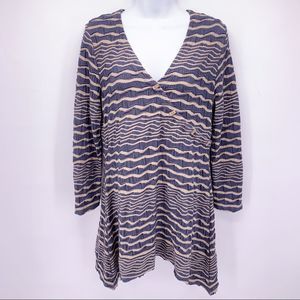 Tianello Paige Navy Tan Textured Stripe Knit Asymmetric Tunic Top Blouse…